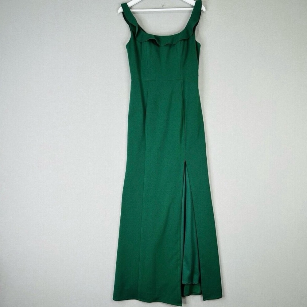 Azazie Womens Dress 12 Green Ruffle Maxi Bridesmaid Wedding Guest Thigh Split